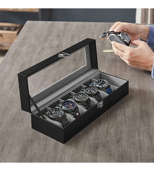 6 Slot Leather Watch Box Display Case Watch Organizer Transparent Glass